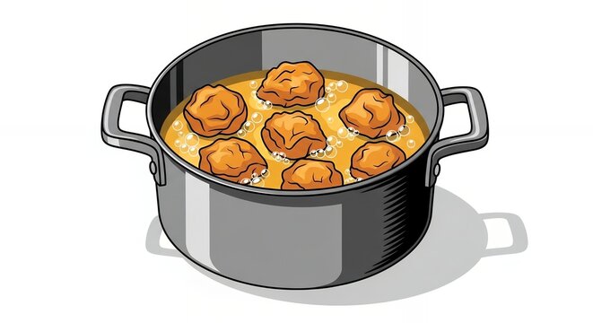 Cartoon illustration of meatballs frying in a metal cooking pot with bubbling oil on white background