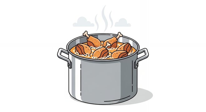 Steaming chicken drumstick soup in large metal cooking pot vector illustration