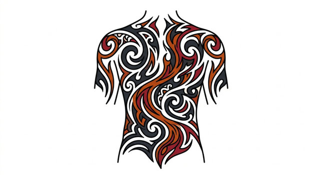 Intricate tribal tattoo design on upper body.