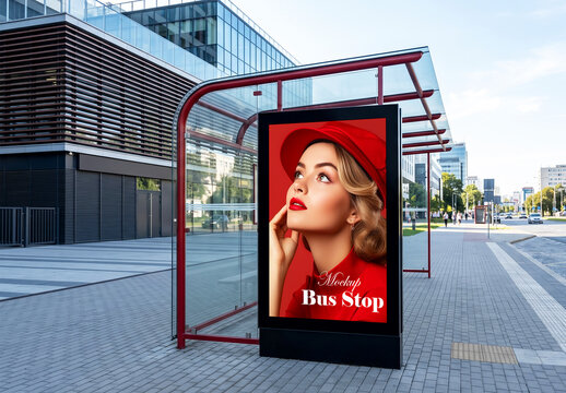 Modern bus stop shelter with vertical digital billboard mockup