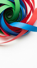 Obraz premium Swirling pattern of red, blue, and green paper strips, creating a vibrant, abstract visual, symbolizing creativity, celebration, and motion, perfect for design elements.