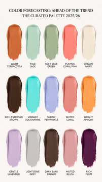 Swatches of trending colors for 2025/26, showcasing a curated palette of warm and cool tones, representing creative inspiration and design.