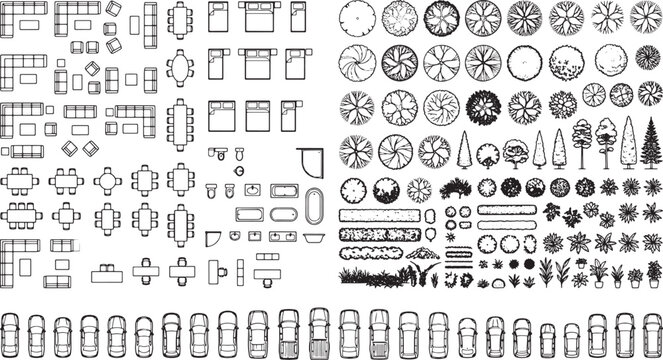 Architectural floor plan symbols set featuring furniture layouts landscape vegetation elements and vehicle top view silhouettes for design