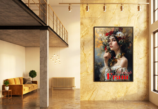 Modern luxury loft interior with vertical poster frame mockup