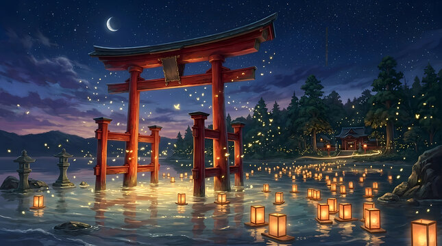 Obon Festival Toro Nagashi Lanterns Floating on Water with Torii Gate at Night Illustration