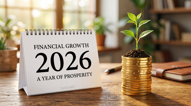 A desk calendar showing "Financial Growth 2026 A Year of Prosperity" next to a stack of gold coins with a seedling, symbolizing financial success.