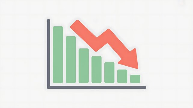 Financial crisis bar chart with red downward arrow, business recession and economic decline graph, market crash and loss concept on white background