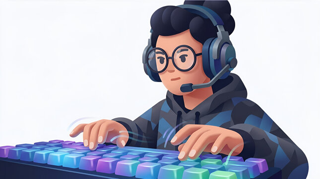 Professional gamer vector illustration with headset and keyboard
