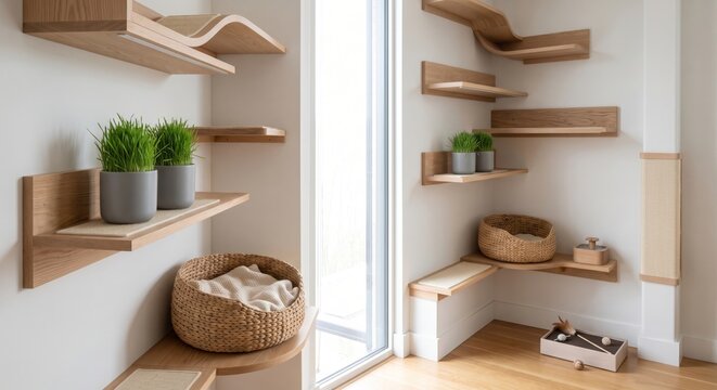 Modern cat corner design with wooden shelves and cozy woven bed for stylish pet spaces