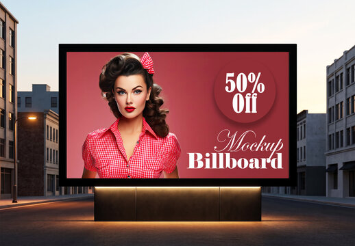Retro billboard mockup with pinup woman banner on city street