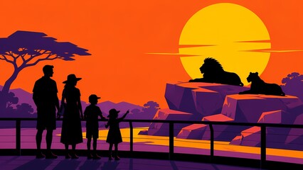 Naklejka premium Family Watching Lions at Sunset Zoo Exhibit