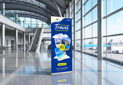 Roll Up Banner Mockup in Modern Airport Terminal