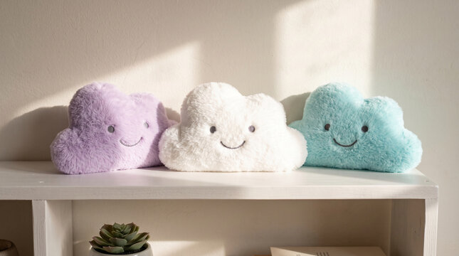 Three plush cloud-shaped pillows in purple, white, and blue with smiling faces, symbolizing comfort, innocence, and joy, perfect for nursery decor.