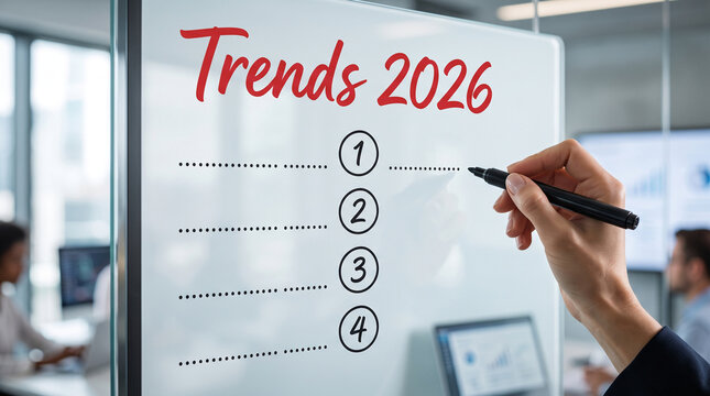 Hand writing "Trends 2026" and a numbered list on a whiteboard, representing future planning, business strategy, and forecasting.