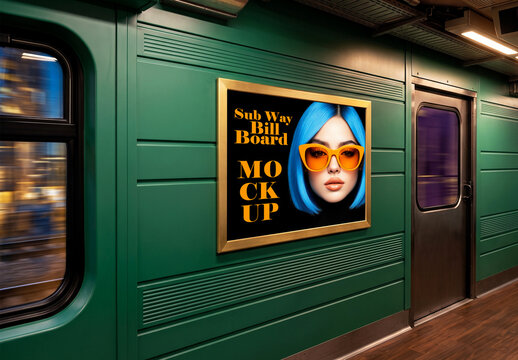Subway train car interior with horizontal billboard mockup