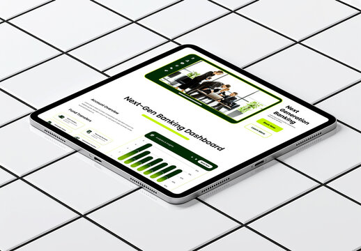 Tablet computer screen showing banking dashboard website mockup