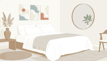 Elegant modern bedroom interior featuring a comfortable bed, large round wall mirror, decorative vase with pampas grass, and artistic wall paintings. © Elizabeth