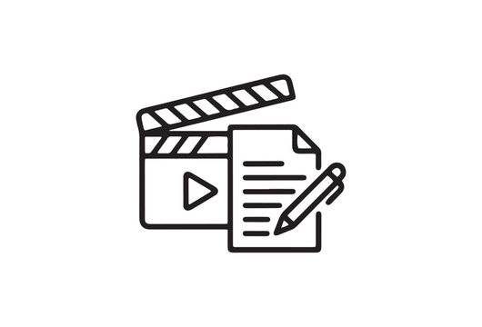 Minimalist screenplay writing icon, movie clapperboard with script and pen vector, film production storytelling and screenwriting symbol