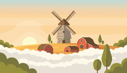 Scenic farmhouse landscape featuring a traditional windmill and red barns surrounded by low lying fluffy clouds at sunrise. © Elizabeth