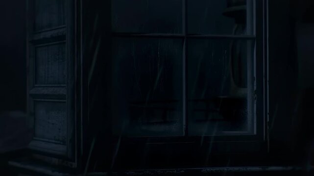 Old weathered wooden window with wet streaked glass, dark divided panes, peeling frame, and warm interior lamp glow creating moody contrast beside closed shutter at night