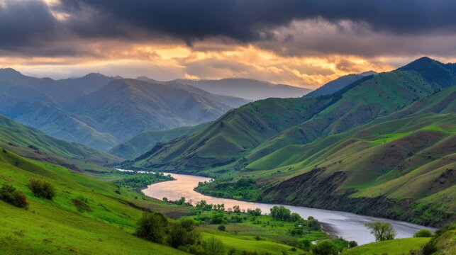 Lush green hills rolling down to a serene river, bathed in soft sunset light under dramatic skies