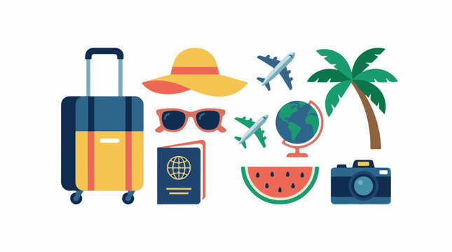 Assorted travel icons suitcase hat sunglasses passport globe plane palm tree watermelon camera