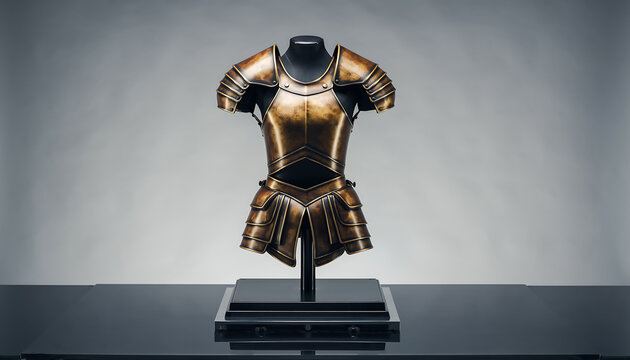 Ornate bronze medieval knight armor cuirass and pauldrons displayed on a museum stand