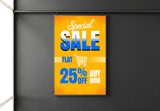 Vertical Hanging Poster Mockup on Dark Wall