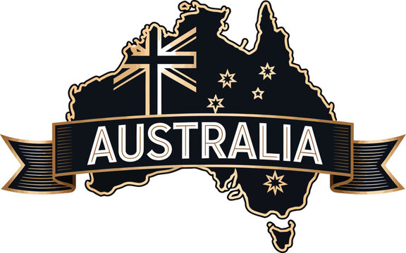 Australia map outline silhouette integrated with national flag elements and luxury golden banner design for travel brand identity.