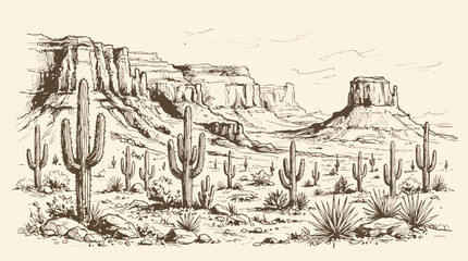Obraz premium A handdrawn sketch of a vast desert landscape with towering saguaro cacti and majestic mesas under a cloudy sky