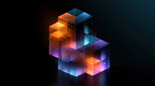 Abstract glowing digital cube structure with transparent layers illuminated by vibrant orange and blue light effects on black background for technology concept