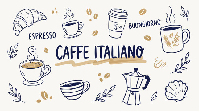 Collection of handdrawn Italian coffee shop icons and typography including espresso cups and pastries