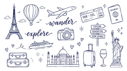 Collection of handdrawn travel icons and famous landmarks for adventure and exploration themes © Shawon
