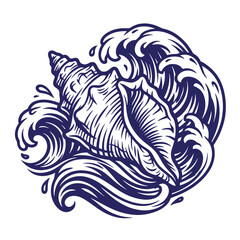 Obraz premium A dark blue line of a single spiral seashell positioned on of swirling ocean waves, t-shirt poster isolated on a white background, maritime branding, coastal decor, and summer