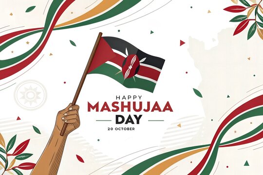Hand holding a vibrant Kenyan flag for Mashujaa Day celebration with decorative abstract flowing lines and colorful botanical elements on a clean white background illustrating national pride and cultu