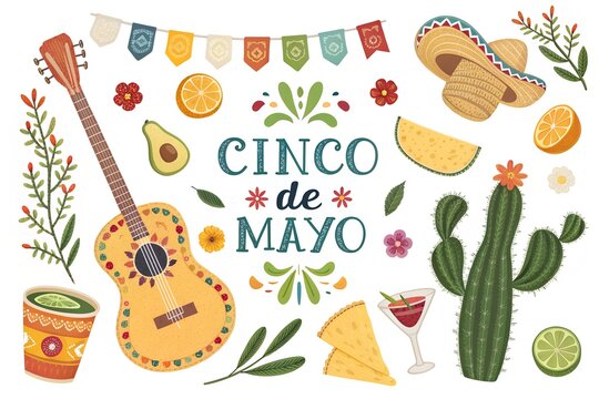 Vibrant cinco de mayo illustration set featuring a decorated acoustic guitar traditional mexican sombrero prickly pear cactus slices of lime fresh avocado citrus fruit and colorful festive holiday par