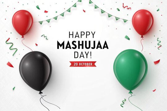 Festive Mashujaa Day greeting card design featuring vibrant red green and black balloons with celebratory confetti and bunting hanging against a clean white background to honor the national Kenyan hol