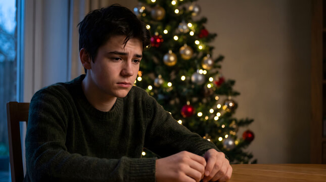 Portrait, Child, Portrait of candid authentic dreamer boy teenager in sadness depressing emotion at home Xmas