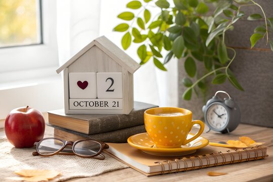 House shaped wooden calendar block displaying the date of october twenty first sitting on antique books next to a bright yellow polka dot ceramic coffee cup and red organic apple