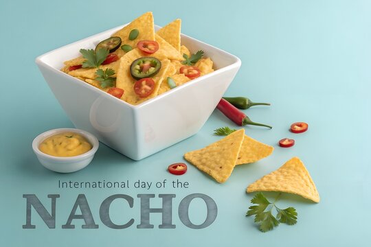 Crispy golden corn tortilla chips served in a white square bowl with spicy sliced jalape&ntilde;o peppers and fresh green cilantro leaves on a clean light blue studio background for snacks.