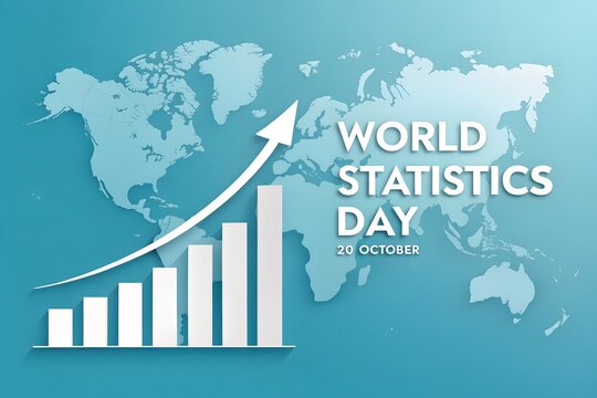 World statistics day concept featuring a rising white bar chart growth arrow overlaying a detailed global map silhouette rendered in a professional clean minimalist style with soft blue gradient tones