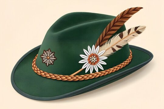 Traditional green alpine hat featuring an elegant braided leather band alongside delicate natural feathers and a detailed edelweiss flower ornament set against a clean light beige studio background fo