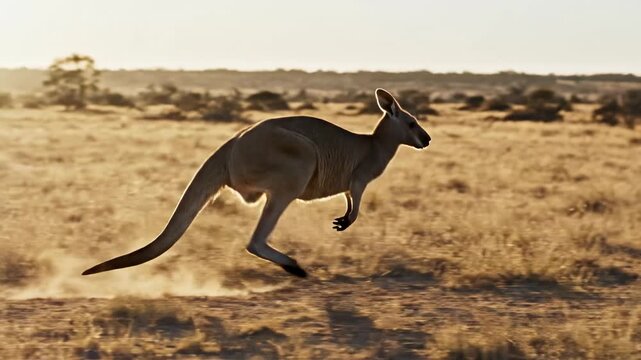 A wild bounding kangaroo traverses the arid golden grasslands of the expansive Australian outback while the setting sun casts a warm radiant glow across the rugged landscape during the evening