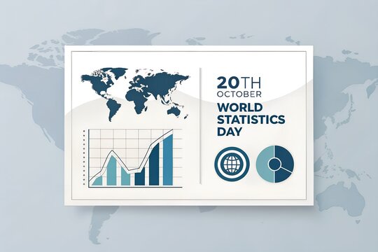 World statistics day celebration banner featuring a detailed blue world map silhouette and professional growth bar charts along with circular iconography on a clean white background for corporate data