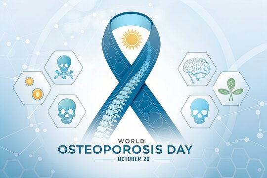 Blue awareness ribbon featuring spinal column illustrations and medical icons designed for the international observance of world osteoporosis day on October twentieth to raise global awareness about b