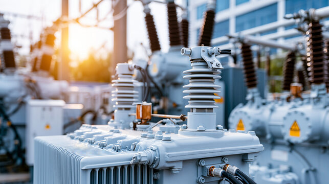 Electric high power station with powerful large transformers cooling radiators and heavy busbars bright midday light clean industrial detail high power station transformer