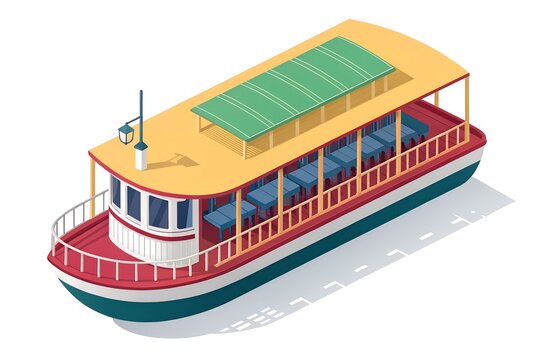 Isometric illustration of a colorful river passenger ferry boat featuring a yellow roof with green canopy and red deck flooring isolated on a clean white background for travel design projects.