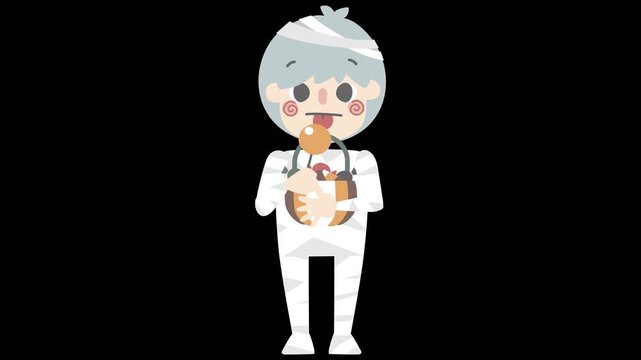animated video happy halloween holiday festival with boy wearing mummy zombie costume licking lollipop holding pumpkin bucket, overlay transparent prores 4444 4K