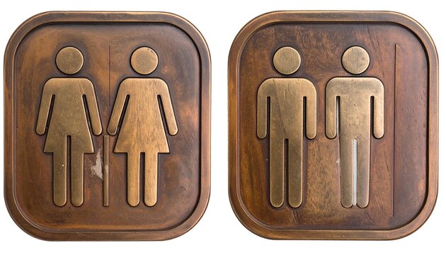 Two rectangular, bronze-toned restroom signs, one depicting a woman and person of ambiguous gender, and a man-man couple