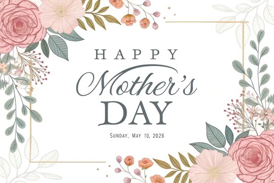 Elegant floral frame featuring soft pink roses and delicate green leaves surrounding a beautiful greeting for mother day celebration with artistic typography on a clean white background for holiday ca